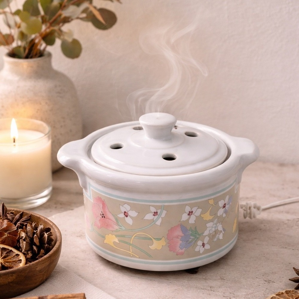 Vtg Potpourri Fragrance Warmer Floral White PP2-2418WA Robeson Electric Ceramic